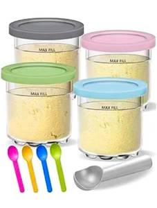 lot 70779 image: Creami Pints and Lids for Ninja - 4 pack Creamy Icecream Containers Cups Jars Tubs Canisters Set, Smoothie Pot Compatible with NC299AMZ & NC300s Series Creamer Ice Cream Maker Machine Accessories - Retail $25