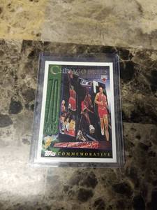 lot 1211 image: 1996 Topps Commemorative Chicago Bulls Basketball Card Michael Jordan Scottie Pippen Dennis Rodman