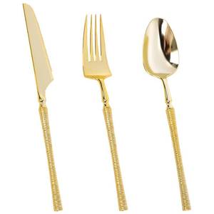 lot 36236 image: 96PCS Gold Plastic Silverware, Disposable Heavy Duty Plastic Cutlery Set, Spiral Design Include 32 Forks, 32 Knives, 32 Spoons for Party, Wedding and Events - Retail $23