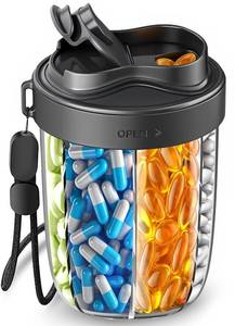 lot 36244 image: Large Pill Organizer with 7 Large Compartments - Portable Pill Dispenser for Travel, Anti-Mix Design & Wide Opening Design, Easy Access to Vitamin Dispenser, Includes 20 Blank Stickers (Black)  wrist strap not Included  - Retail $7