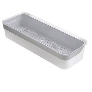 lot 36246 image: Plastic Kitchen Drawer Organizer with Lid and Drainer Stackable Utensil Holder for Countertop Silverware Tray White Flatware Organizers - 12.6x4.7x2.4 Inch Storage Box Spatula Cutlery Tray - Retail $15