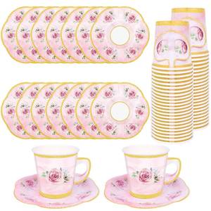 lot 36249 image: 100 Pcs Paper Tea Cups and Plates Pink Floral Disposable Paper Teacups and Saucer Sets with Gold Rim Decorations for Hot Cold Drinks for Wedding Birthday Baby Shower Tea Party, Serve 50 - Retail $16