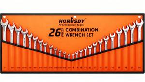 lot 36261 image: 26-Piece Durable Combination Wrench Set with Roll-up Pouch, Open End Wrench Set for General Household, Garage, Auto Repairs, SAE 14�� - 1�� and Metric 8mm - 24mm - Retail $28