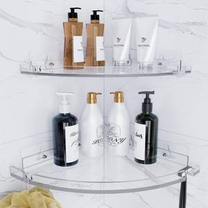 lot 36270 image: Acrylic Corner Shower Shelves, Adhesive Shower Caddy Organizer for Bathroom Storage Home Decor, Clear Rustproof No Drilling Wall Shelf, 2-Pack - Retail $26