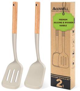 lot 36278 image: Pack of 2 Silicone Spatula Set with Elegant Wooden Handle, Heat Resistant Solid & Slotted Turner for Non Stick Pans, Great Kitchen Spatulas, Cooking Utensils for Saut�ing, Frying and Flipping - Retail $10
