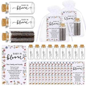 lot 36296 image: 25 Set Baby in Bloom Baby Shower Party Favors for Guests Seed Organizer Glass Bottles with Cork Stopper Thank You Cards and Organza Bags Wildflower Floral Gender Reveal Supplies, No Seed - Retail $18
