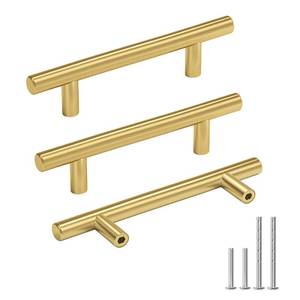 lot 36303 image: 25 Pack 3-14 Inch Cabinet Handles - Brushed Brass Drawer Pulls - Kitchen & Bathroom Cabinet Handles Gold Decorative Dresser Hardware - Retail $38
