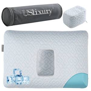 lot 36306 image: Ear Piercing Pillow with Foam Plug - Ear Pillow with Off Center and 4.7X3.5 Ear Hole, Soft CertiPUR-US Memory Foam, Cooling Piercing Pillow for Side Sleepers, Blue, 16X11X4 - Retail $27