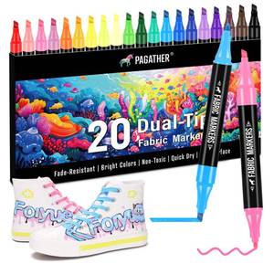 lot 36322 image: Fabric Markers Permanent for Clothes, 20 Colors Dual Tip with Fine and Chisel Tips Paint Pens for Clothing Canvas Tote Bags T-Shirt and Shoes, Non Toxic Ink for Kids and Adults - Retail $10