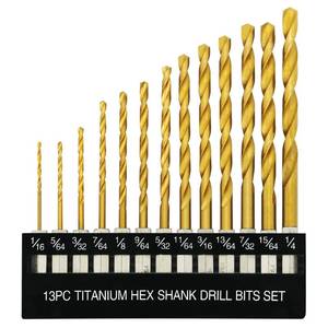 lot 36334 image: 12 Pcs Titanium Coated Twist Hex Shank Drill Bit Set, 135 Degree Tip HSS Impact Drill Bit Set with Storage Case for Metal, Aluminum, Steel, Wood, Plastic, Quick Change Design 116 to 14 - Retail $8