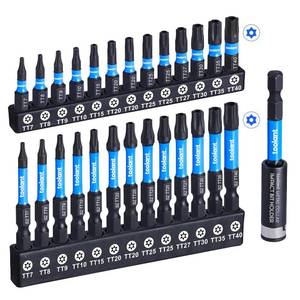 lot 36340 image: Impact Torx Bit Set 27pcs (TT7-TT40), S2 Steel Security Torx Bit Set, Tamper Proof Star with CNC Machined Tips, 1&2 Long Impact Bits with Magnetic Bit Holder and Storage Box - Retail $14