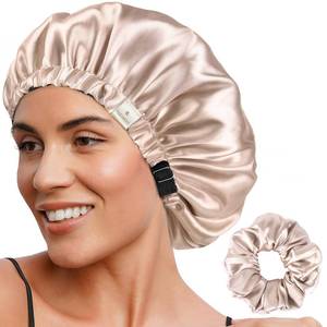 lot 36379 image: Adjustable Satin Bonnet Double Layer Hair Bonnet for Sleeping Bonnets for Women Hats Curly Natural Hair, Champagne - Retail $16