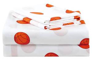lot 36383 image: 4-Piece KidsTeens Sports Sheet Set - Soft Microfiber White Orange Basketball, Full Size - Retail $28