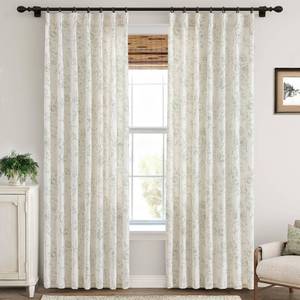 lot 36388 image: Pleated Floral Linen Curtains 84 inch Long Green and Cream Memory Trained Curtain Light Filtering Living Room Farmhouse Flower Pattern Printed Pinch Pleat Drapes with Hooks 2 Panels 40W x 84L - Retail $50