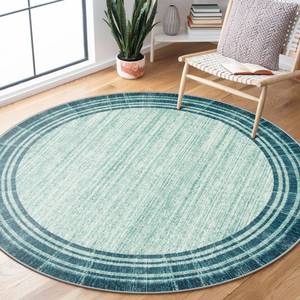 lot 36392 image: Abstract Round 4ft Entryway Rug, Washable Teal Entry Rugs Non Slip Circle Kitchen Carpet, Minimalist Border Dining Room Rug Indoor Room Carpet for Under Chair Coffee Table Entrance Mats - Retail $40