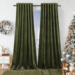 lot 36396 image: Olive Green Velvet Curtains for Bedroom Window with Back Tab, Super Soft Vintage Luxury Heavy Drapes, Room Darkening Thermal Insulated Curtain for Living Room, W52 by L96 inches, 2 Panels - Retail $56