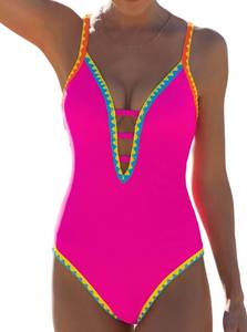 lot 36400 image: Women One Piece Swimsuit Tummy Control Deep V Neck Neon Cute Bathing Suit Back Tie Swim Suits 2025 Summer, Rose Red Medium - Retail $37