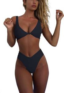 lot 36409 image: Womens Black Bikini Set High Waisted V Neck Swimsuit Sexy Knot Front Push Up Cheeky Brazilian Cut Thong Two Piece Bathing Suit M - Retail $31