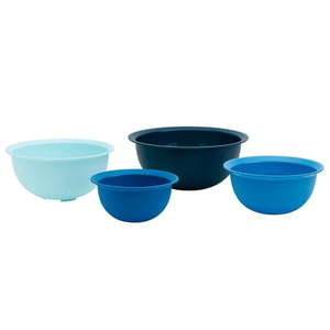 lot 36412 image: Basic Essentials 4 Piece Plastic Nesting Mixing Bowls & Colander Set for Kitchen, Baking, Prepping, Cooking, Space Saving Storage - Retail $25