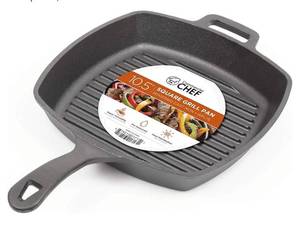Commercial Chef 10.5-Inch Cast Iron Square Grill Pan, Pre-Seasoned Cast Iron, Integrated Hanging Hole in Handle, Works on All Cooktops  - Retail: $34