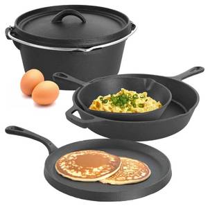 lot 36426 image: Megachef 5 Piece Pre-Seasoned Cast Iron Kitchen Cookware Pot and Pans. MISSING SMALL SKILLET. - Retail $116