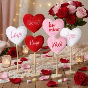 lot 1497 image: Amyhill 6 Pcs Valentines Day Table Decorations Velvet Flocked Heart Table Decor Heart Shape Tabletop Centerpiece Standing Wooden Sign Valentines Day Decor for Home Office Shelf(Red, Pink,White)