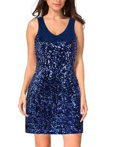lot 2292 image: MANER Womens Sequin Dress Sparkly Glitter V-Neck Sleeveless Party Club Cocktail Tank Dress (XX-Large,Dark Blue)