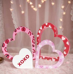 lot 2294 image: A 4 Pcs Valentines Day Decor Double-Sided Wooden Table Decorations Sweet Love Heart Signs Red Lips Tiered Tray Ornaments for Wedding Anniversary Party