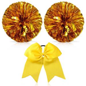 lot 2296 image: Hanaive 3 Pcs Cheerleading Pom Poms and Large Cheerleader Hair Bow Metallic Cheer supplies for Team Spirit Sports Dance Cheering(Gold Pom,Classic Style)