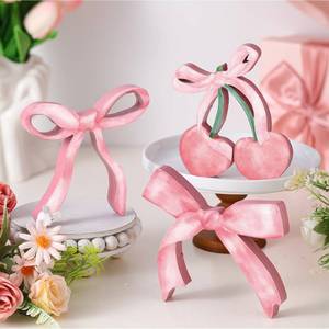 lot 2304 image: Lineshading 3 Pcs Pink Bow Coquette Room Decor Valentine Day Decor Wooden Sign Preppy Room Party Decoration Girly Pink Bows Tiered Tray for Home Dorm Wall Desk Shelf Tabletop(Cherry Style)
