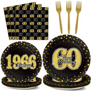 lot 2319 image: 96PCS 60th Theme Birthday Party Tableware Vintage 1966 Party Supplies 60 Year Old Birthday Party Decorations Plates Napkins Forks Black and Gold Dinnerware Favors for Men or Women