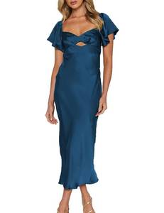 lot 2320 image: Summer Satin Flutter Sleeve Wedding Guest Dresses for Women Sweetheart Neckline Cutout Tie Back Midi Cocktail Dress Teal M