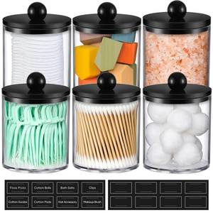 lot 2322 image: 6 Pack Acrylic Qtip Holder Dispenser for Cotton Swabs, Balls, Pads, Floss - Plastic Canister Apothecary Jar Set, Bathroom Essentials Accessories Decor Vanity Makeup Storage Organizer - Clear & Black