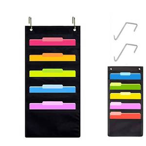 lot 2339 image: Hanging Wall File Organizer, 5 Pocket, Black Wall Storage Pocket Charts with 2 Hangers, Oxford Cloth Storage Pocket, Over The Door File Organizer, Great for Classroom, Home or Office Use (5 Pocket)