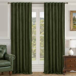 lot 2343 image: LAMIT 90 Inches Velvet Curtains for Living Room, Olive Green Thermal Insulated Blackout Curtains Luxury Room Darkening Back Tab and Rod Pocket Window Drapes for Bedroom, 2 Panels, 52 x 90 Inch