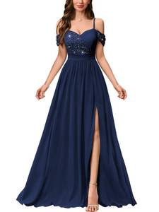 lot 2361 image: Miusol Womens Off Shoulder Elegant Sequined Split Spaghetti Straps Wedding Maxi Dress (X-Large, Navy Blue)