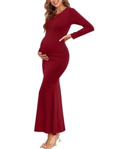 lot 2390 image: AISWI Womens Maternity Bodycon Mermaid Maxi Dress Sexy Crew Neck Long Sleeve Ribbed Pregnancy Dresses Fall Baby Shower Photoshoot, Burgundy, X-Large