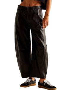 lot 2391 image: LifeShe Women Faux Leather Pants Low Rise Baggy Barrel Jeans Wide Leg Trousers with Pockets Black L