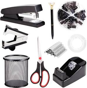 lot 2392 image: Black Desk Accessories, Office Supplies Set with Stapler, Tape Dispenser, Staple Remover, Pen Holder, Scissor, BinderPaper Clips, Ballpoint Pen, Clear Tape and 1000pcs Staples
