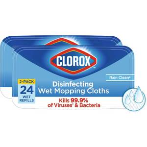 lot 3002 image: Clorox Disinfecting Wet Mop Pad, Disposable Mop Heads, Multi-Surface Floor Wipes, Rain Clean, 2 Packs, 24 Wet Refills Per Pack (Package May Vary)