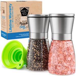 lot 3012 image: Home EC Original Stainless Steel Sea Salt and Pepper Grinder Set of 2 - Adjustable Ceramic - Glass Salt and Pepper Shakers - Kitchen Pepper Mill & Salt Mill WFunnel & EBook