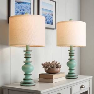 lot 3019 image: BOBOMOMO 20 Distressed Teal Bedside Lamps Set of 2, Hand-Painted Vintage Resin Lamps with Linen Shades, Cottage Farmhouse Lamp for Living Room, Bedroom, and Hallway, Space-Saving Accent Lamps