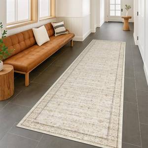 lot 3997 image: 26x10 Extra Long Runner Rugs for Hallways Non Slip, Machine Washable Rug Runner for Kitchen Floor, Entryway, Soft Low Pile Neutral Light Beige D�cor, Geometric Floral Pattren Stain Resistant Carpet