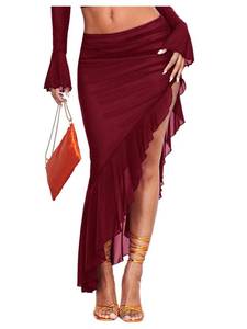 lot 4295 image: Verdusa Womens Club Outfits Asymmetrical High Slit Mesh Long Skirts Ruffle Hem Ruched Flowy Bodycon Skirt Burgundy Medium