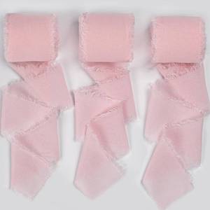 lot 4303 image: Sifleur Pink Ribbon, Light Pink Chiffon Ribbon, Pastel Pink Silk Party Supply, 1.5x21Yd Handmade Frayed Fringe Ribbon for Wrapping, Floral Vase, Crafts, Birthday, Wedding, Showers, 3 Rolls