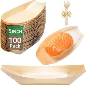 lot 4347 image: Suwodpak 100-Pack Wooden Disposable Plates 5 IN Boat Plates Food Trays Disposable Dessert Plates Disposable Food Boats for Party Weddings Picnic (Actual Size Used 2.95 D x 1.73 W x 0.59 H)