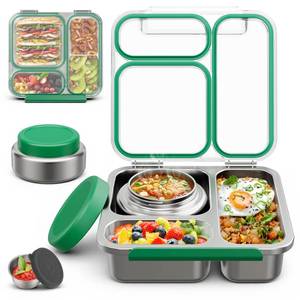 lot 4350 image: Stainless Steel Bento Box Kids Adult with 7oz Soup Thermo, Transparent Lid 3 Compartments Metal Bento Lunch Box with Insulated Food Jar,Lunch Box Container Sauce Cup for School,BPA-Free(Green)