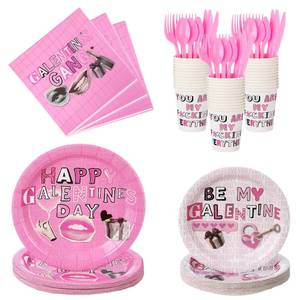 lot 6296 image: FoldTier 12 Set Galentines Day Party Supplies Pink Happy Galentines Day Tableware Set Paper Plates and Cups Napkins Plastic Forks Spoons Knives for Valentines Party Decorations