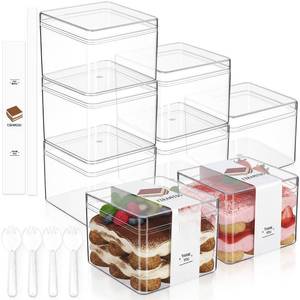 lot 6302 image: Blushtier 25 Pack Dessert Cups with Lids and Sporks Stickers, Clear Reusable Tiramisu Containers Parfait Cups for Cookie, Macaron, Pudding, Mousse, Fruit (3.35 x 3.35 x 2.56 Inch,Square)