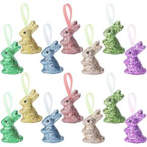 lot 6326 image: Watayo 14 PCS Easter Foam Glitter Rabbit Ornament-Easter Colored Bunny Hanging Ornament for Easter Party Supplies DIY Decoration Gift